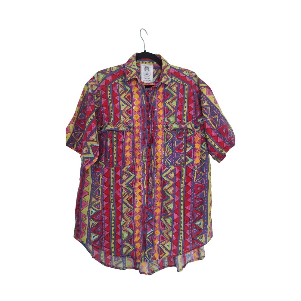 Short Circuit Vintage 90s Geometric Tribal Print Cotton Button Down Shirt Mens M